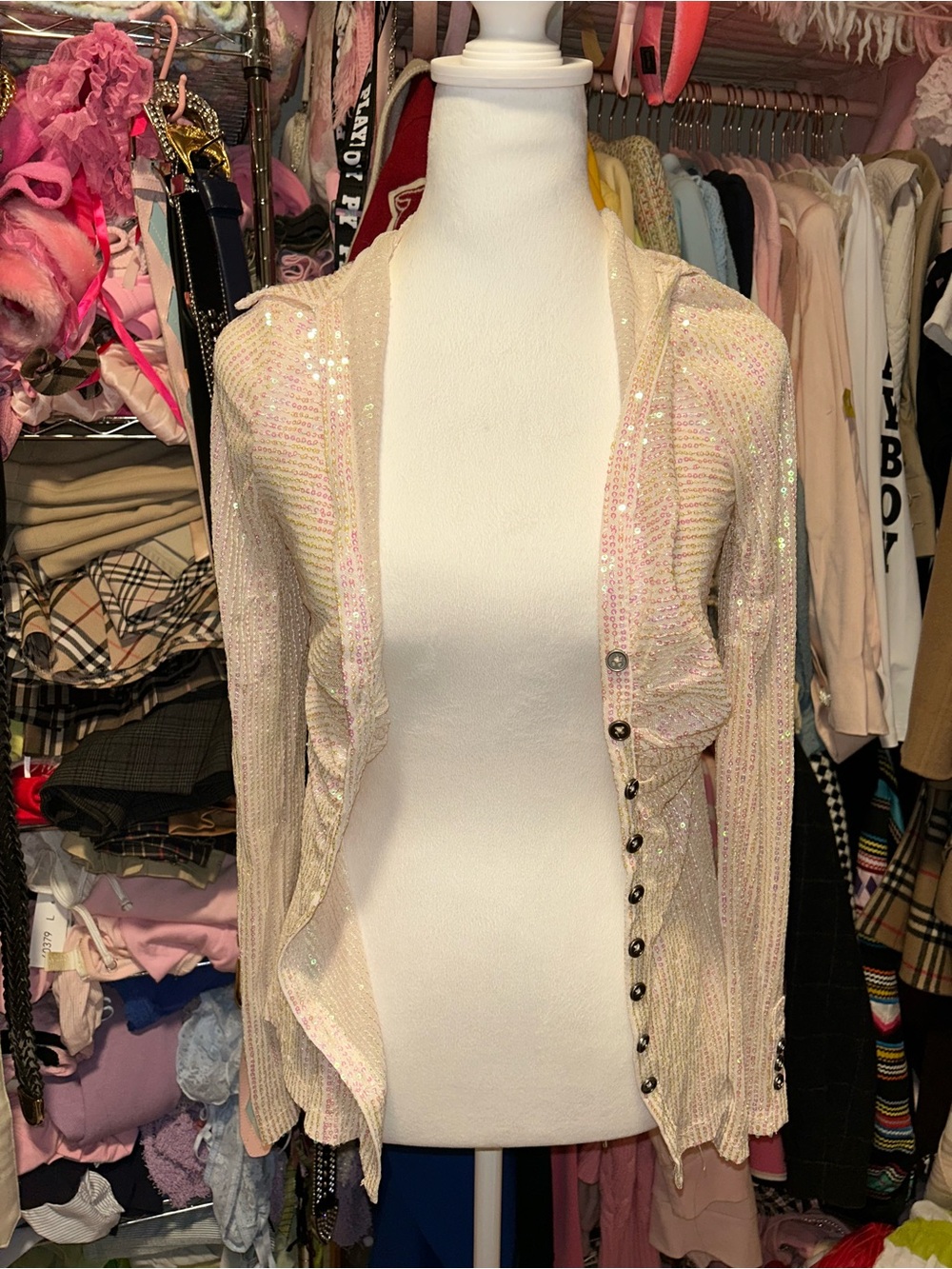 Free People Iridescent Sequin Knit Hooded Cardigan in Pink and Cream